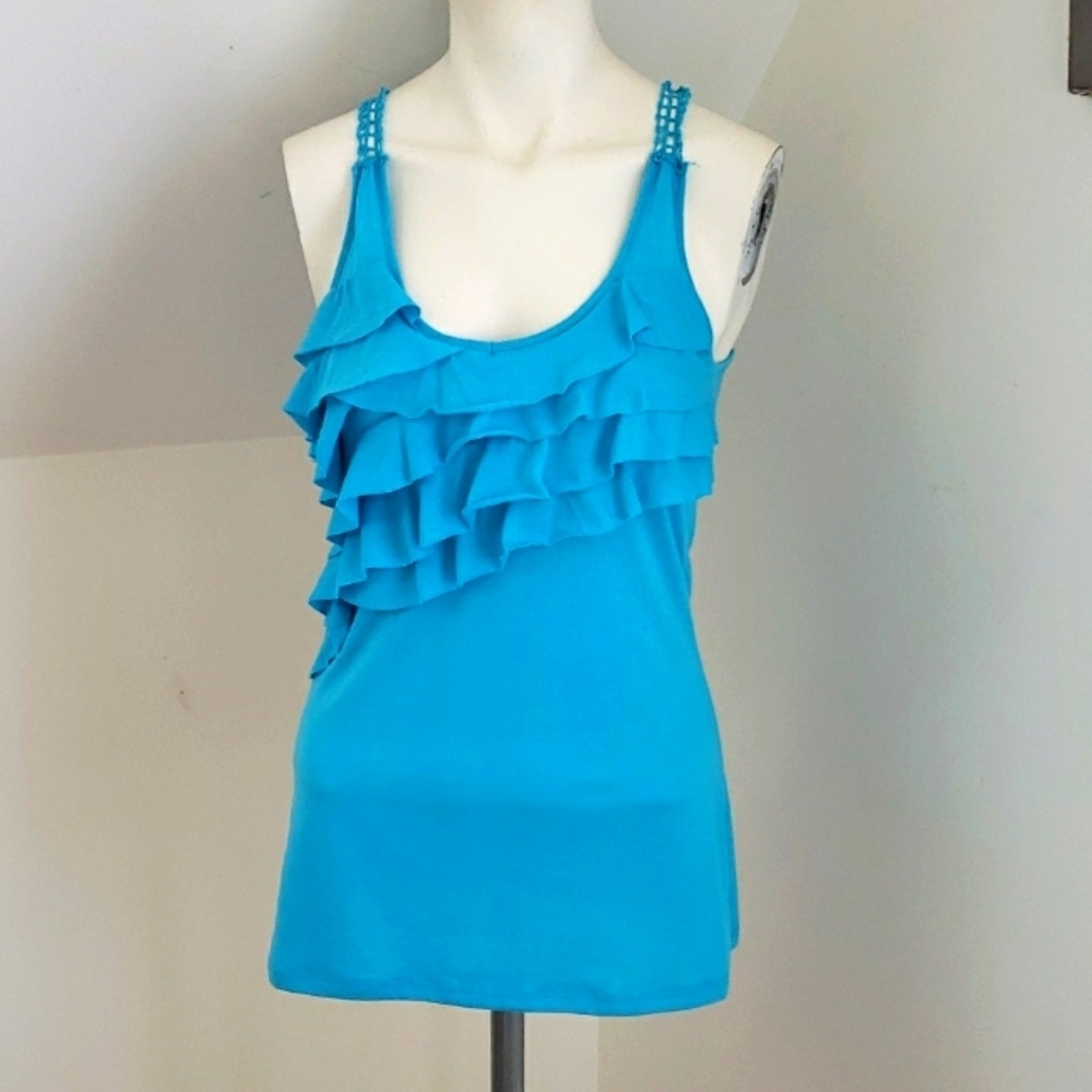 Almost Famous Turquoise Ruffle front crochet racerback sleeveless long t-shirt S